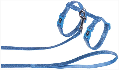 SZELKI DLA KOTA ZE SMYCZĄ ZESTAW NIEBIESKI GLAMOUR BŁYSZCZĄCY NOBBY