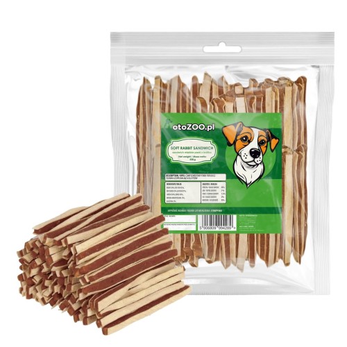 PRZYSMAKI DLA PSA SANDWICH MIĘKKIE PASKI KRÓLIK RYBA 500G +10% GRATIS