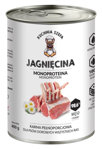 MOKRA KARMA DLA PSÓW JAGNIĘCINA MONOPROTEINOWA 400G KUCHNIA SZEFA