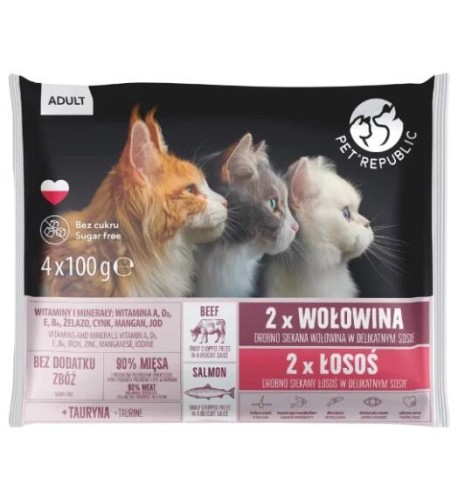 Mokra karma dla kota WOŁOWINA ŁOSOŚ kawałki w sosie 4x100g PetRepublic