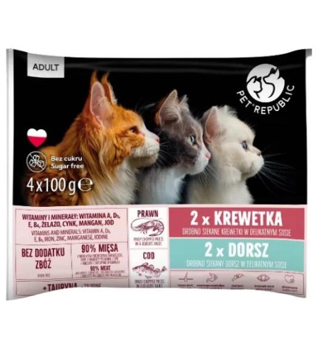 Mokra karma dla kota KREWETKA DORSZ kawałki w sosie 4x100g PetRepublic