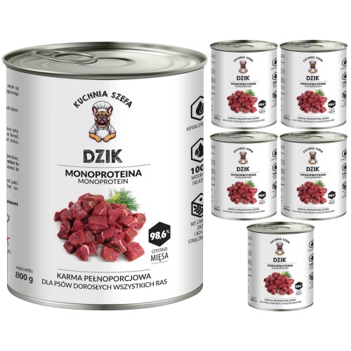 MOKRA KARMA DLA PSÓW DZIK MONOPROTEINOWA 6x800G KUCHNIA SZEFA