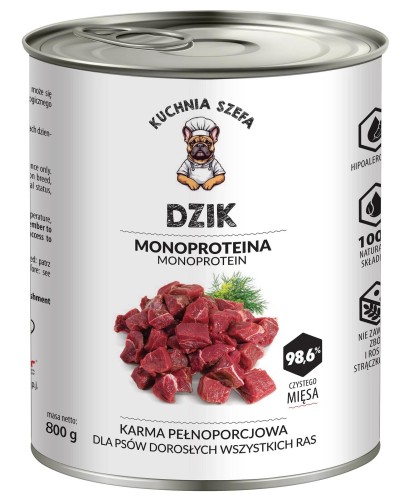 MOKRA KARMA DLA PSÓW DZIK MONOPROTEINOWA 800G KUCHNIA SZEFA
