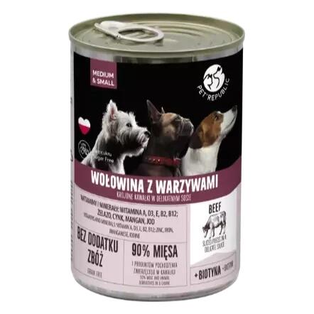 PetRepublic kawałki w sosie z wołowiną z warzywami 400g dla psa 90% MIĘSA