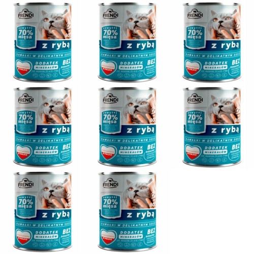 8x FRENDI Puszka karma mokra dla kota kawałki w sosie z rybą 800g - 70% mię