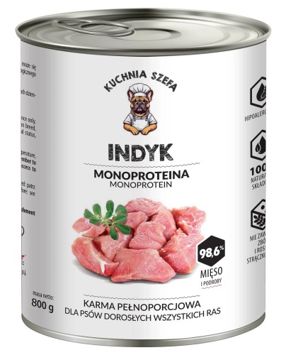 MOKRA KARMA DLA PSÓW INDYK MONOPROTEINOWA 800G KUCHNIA SZEFA